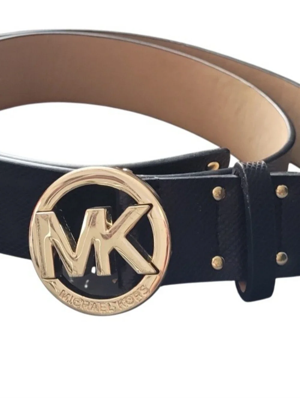 Michael Kors Women's Size LGE Circle-Buckle Genuine Leather Belt Black/ Gold NWT